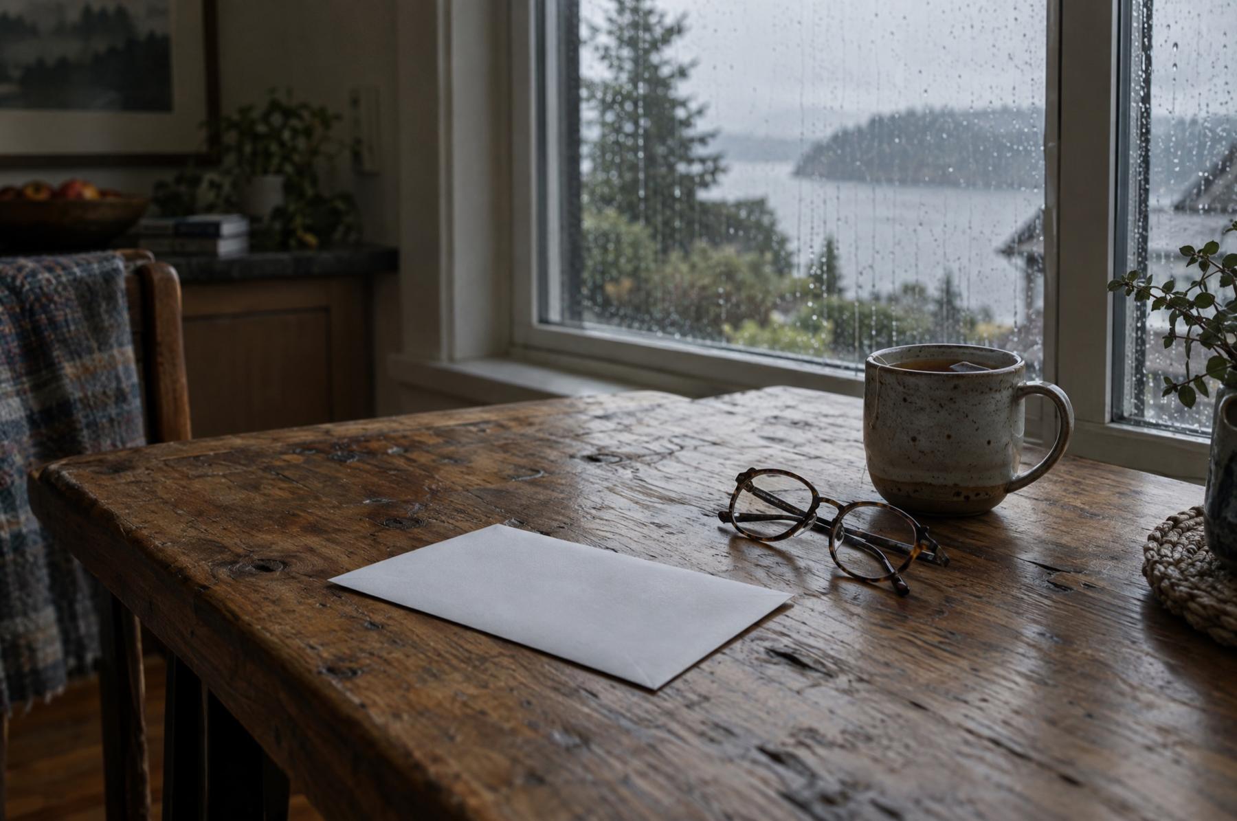 A closed white envelope, reading glasses and a mug on a kitchen table beside a rain-streaked window