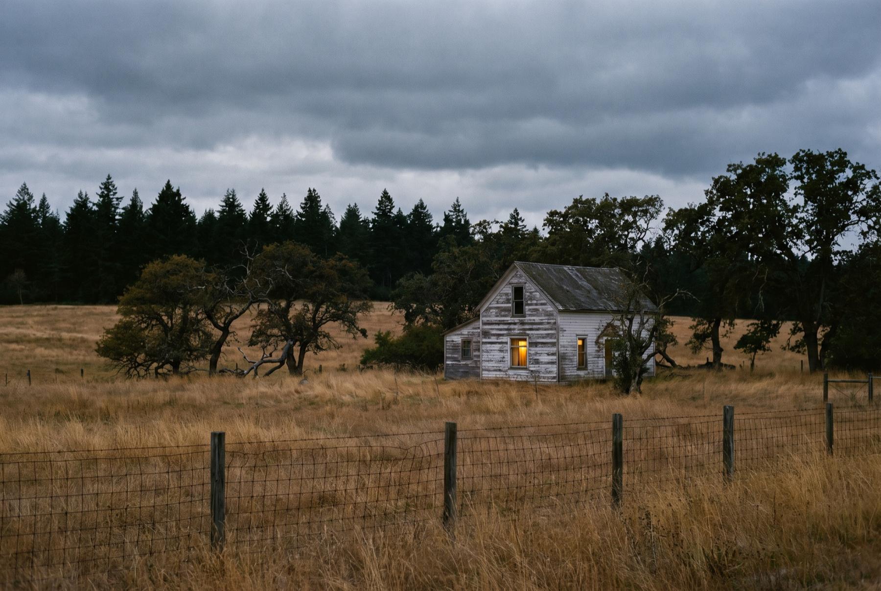 A small farmhouse on open prairie near Roy, Washington at dusk, with Garry oaks and a dark fir tree line under low cloud