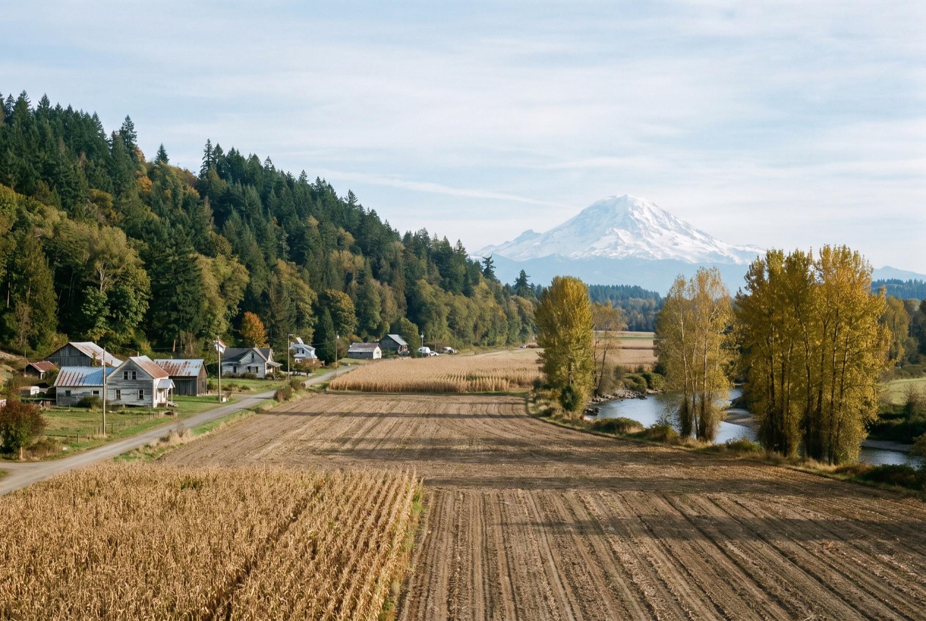 Farm fields in the Puyallup River valley in autumn, with houses along the valley edge and Mount Rainier behind
