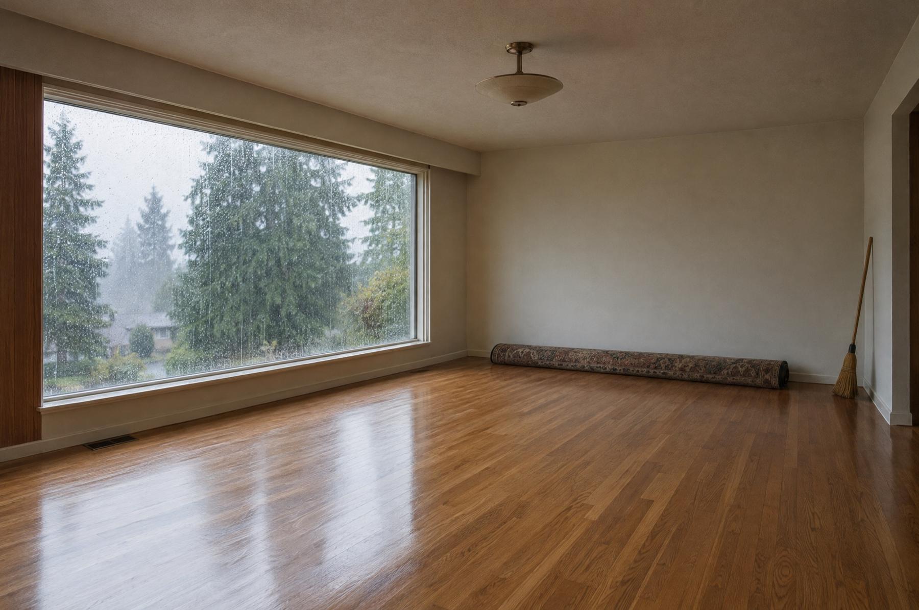 An empty living room in an older rambler after move-out, bare oak floors, a rolled rug along the wall and rain on the picture window