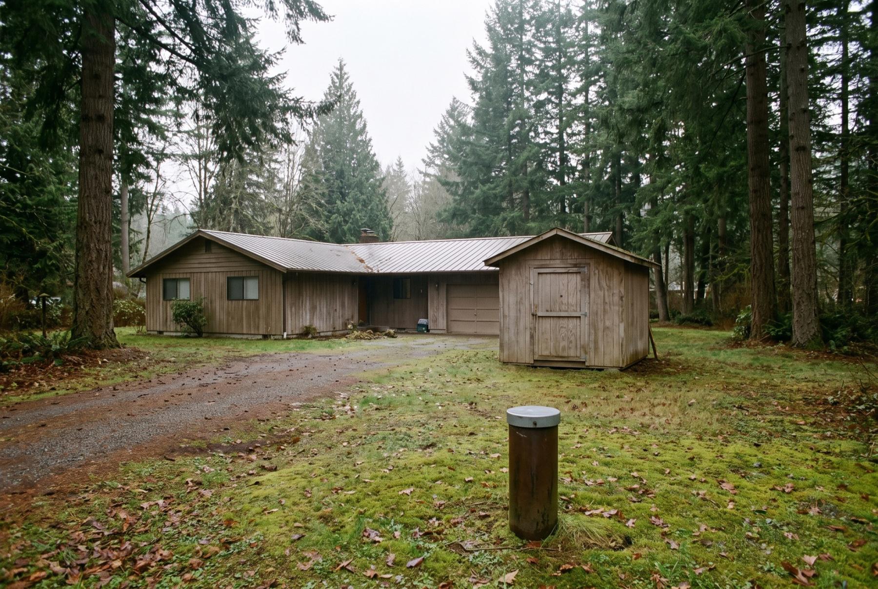 A capped steel well casing in the lawn of a rural home near Yelm, with a small wooden pump house and tall firs behind