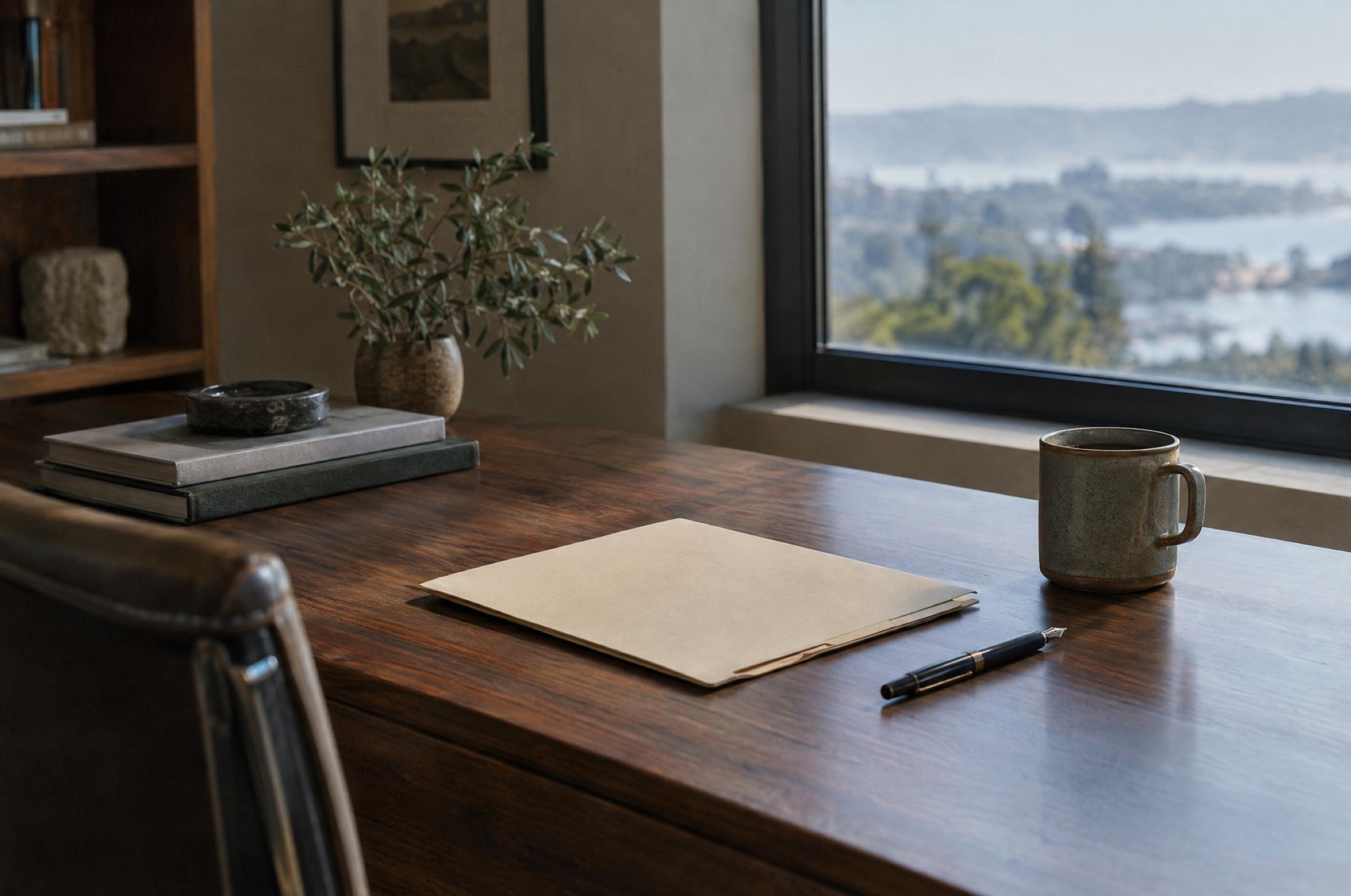 A closed manila folder and a black fountain pen on a dark wood desk beside a stoneware coffee mug, with a window looking out over trees and water