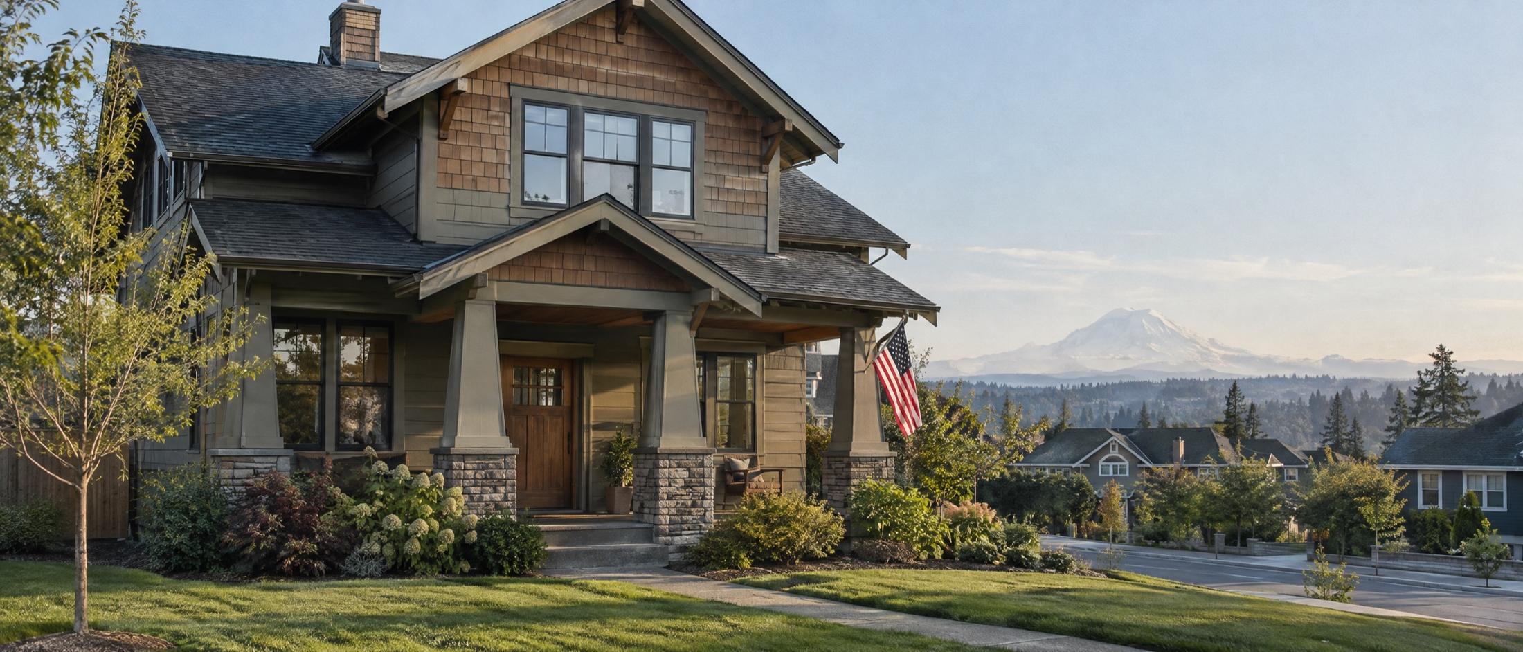 Two-story craftsman house with cedar-shingle gables, tapered porch columns on stone bases, and an American flag on a porch bracket, with Mount Rainier on the horizon beyond neighboring rooftops in morning light