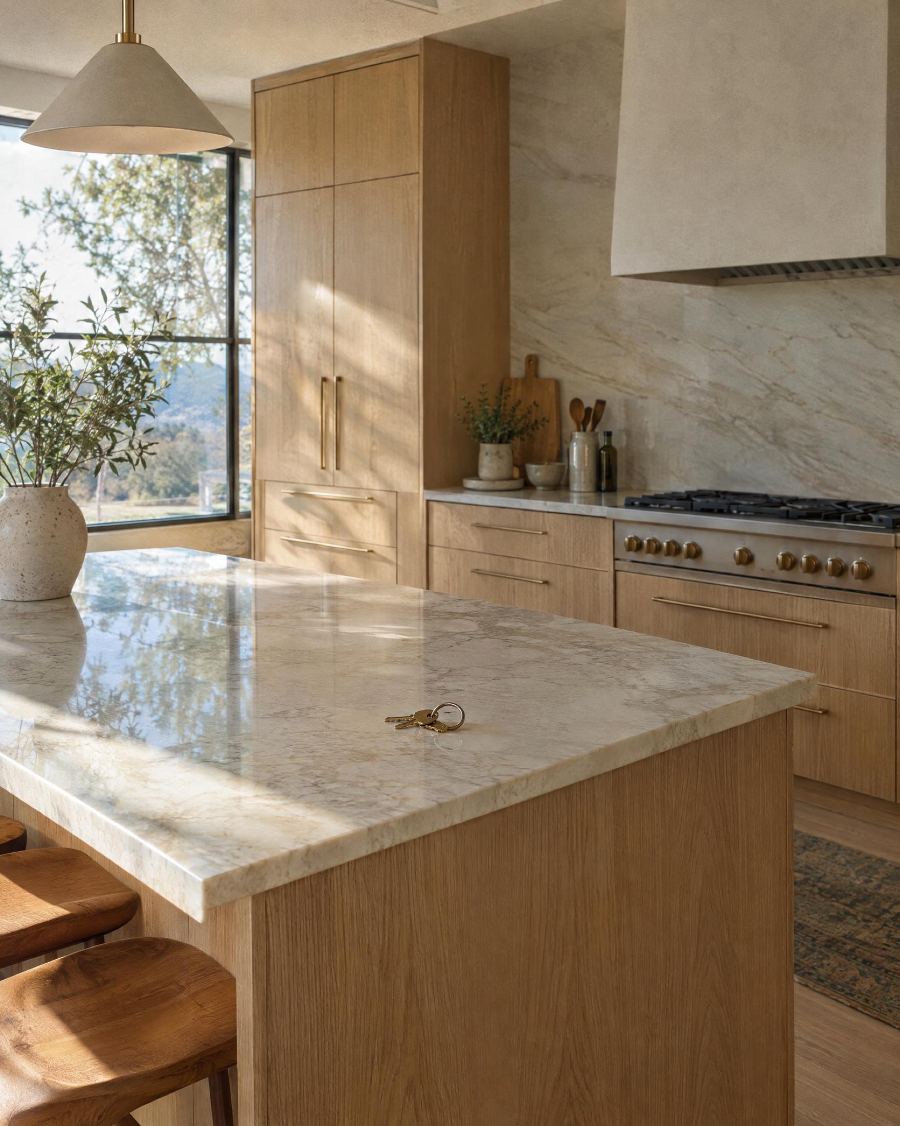 A ring of house keys resting on a marble kitchen island with white oak cabinetry, a brass-knobbed range, and morning light coming through a tall black-framed window