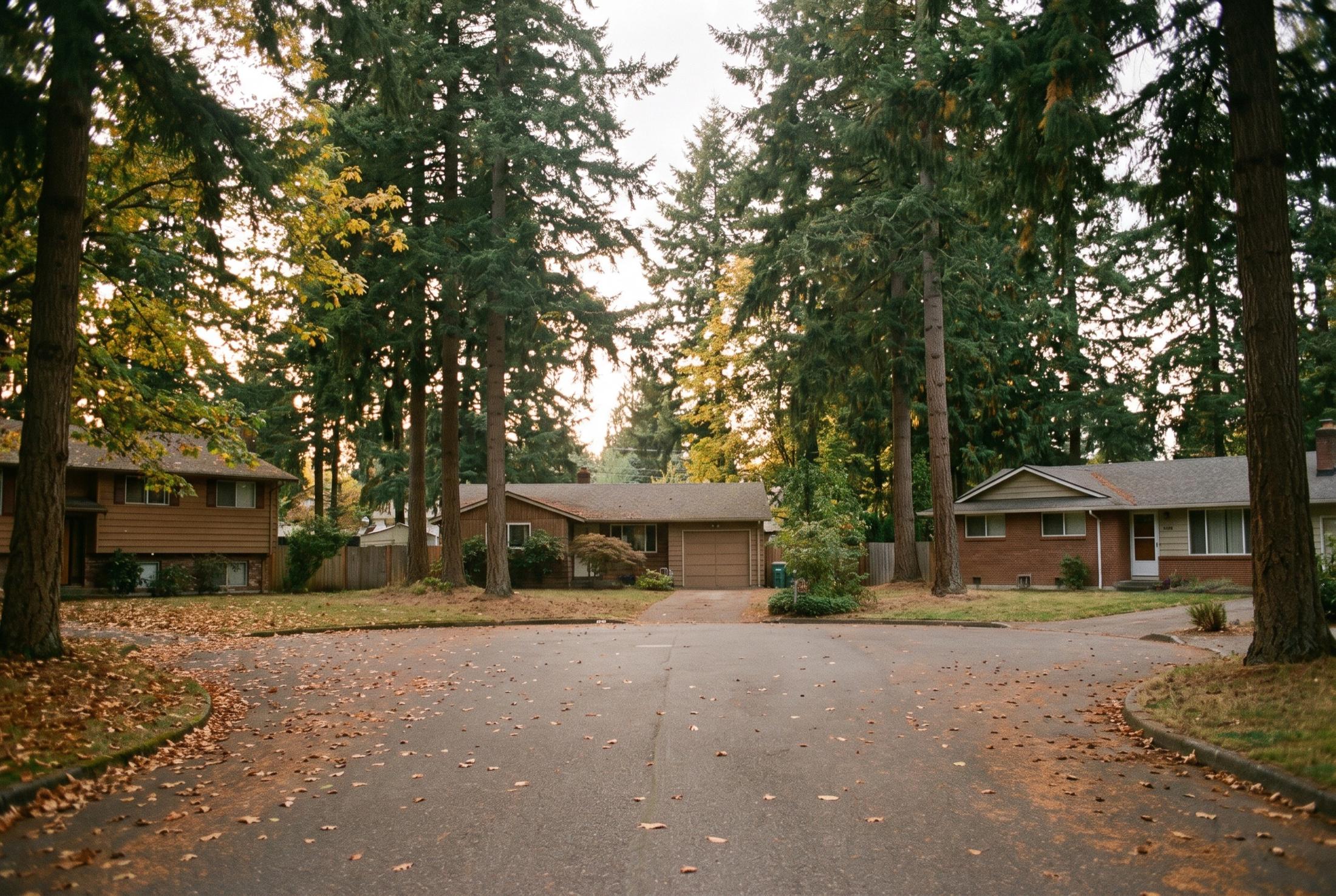 Quiet cul-de-sac lined with tall Douglas firs and turning maples, fallen leaves on the pavement, and single-story brick and wood-sided ranch houses at the end of the street