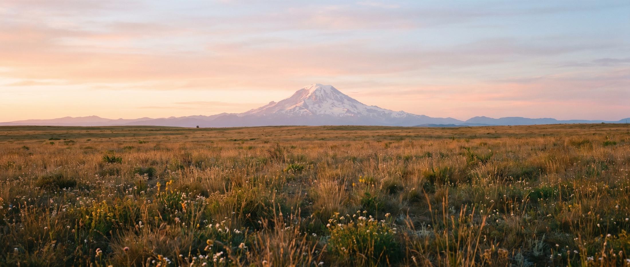 Mount Rainier glowing pink at sunrise above a wide, flat prairie of golden grass and small wildflowers